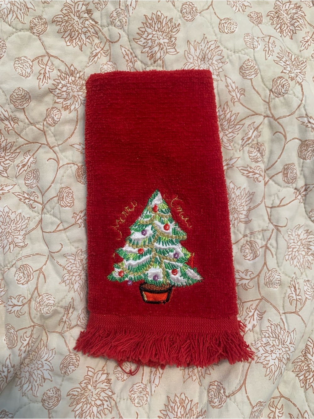 Vintage Kmart Red “Merry Xmas” Tree Holiday Hand Towel